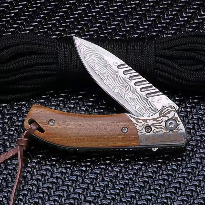 Damascus Steel Pocket Knife With Wooden Handle