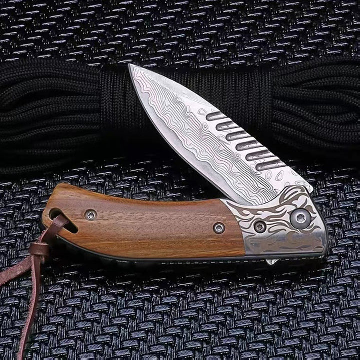 Damascus Steel Pocket Knife With Wooden Handle