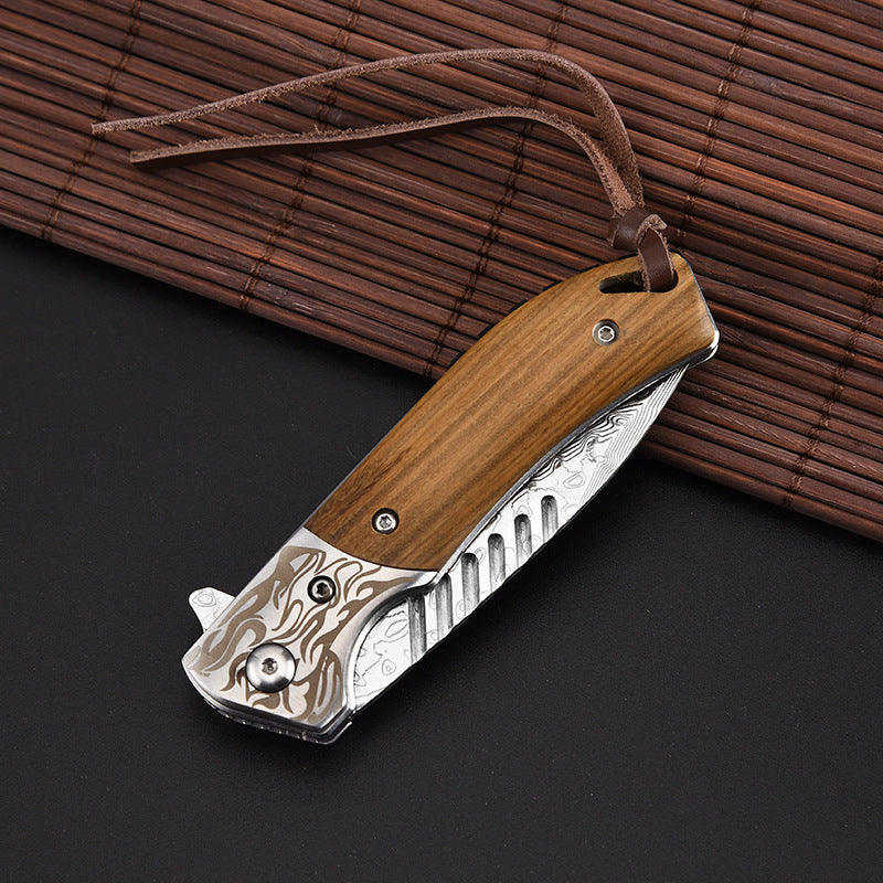 Damascus Steel Pocket Knife With Wooden Handle