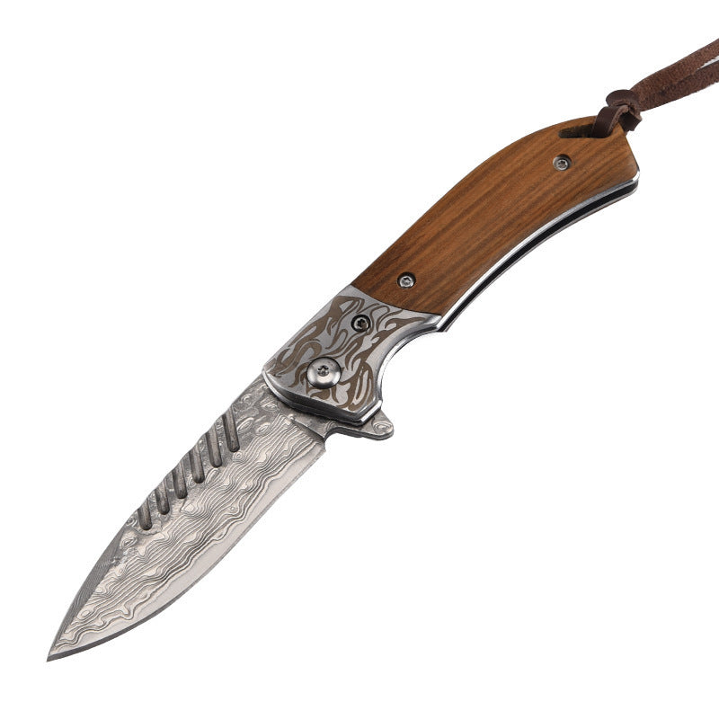 Damascus Steel Pocket Knife With Wooden Handle